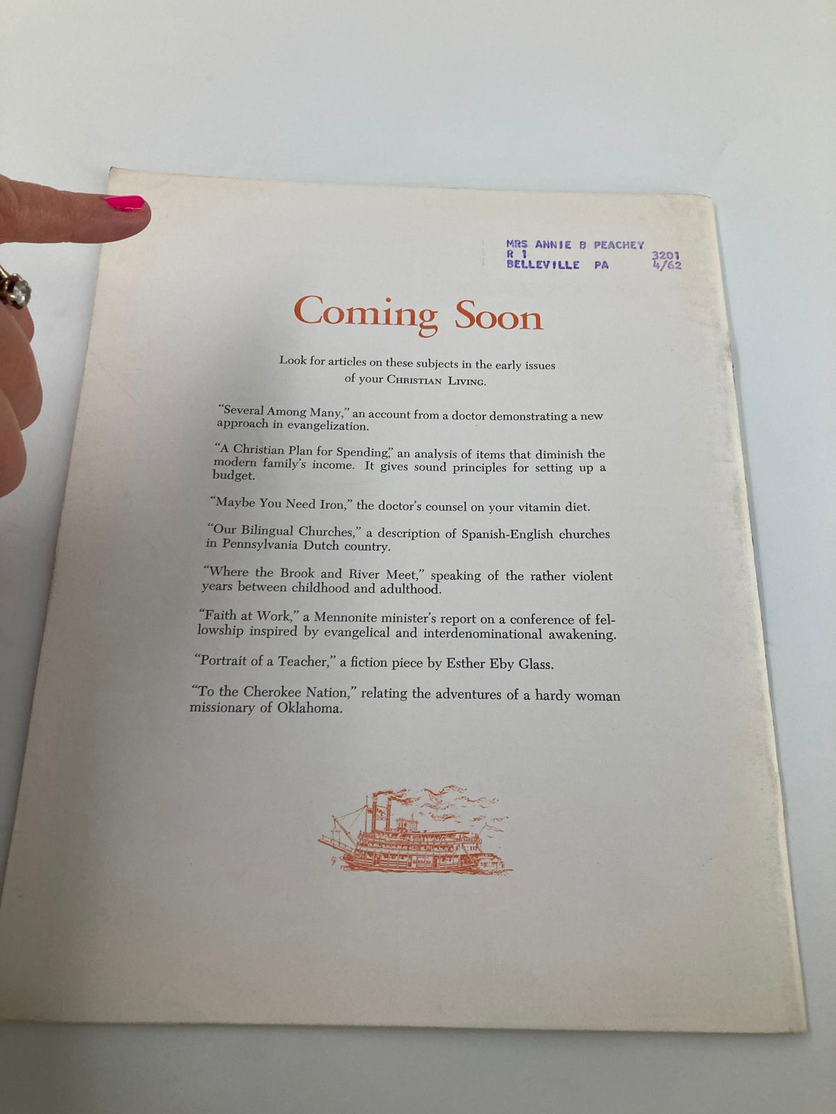 Back cover of VTG Christian Living Magazine August 1961 featuring 'Coming Soon' section with highlighted articles; includes a vintage illustration of a steamboat.