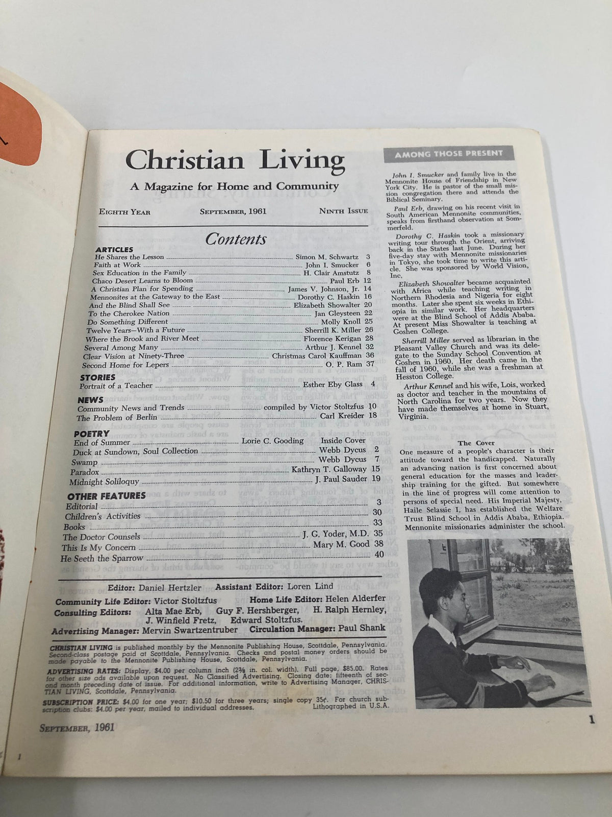 Interior page of VTG Christian Living Magazine September 1961, featuring the table of contents and articles related to welfare and community service.