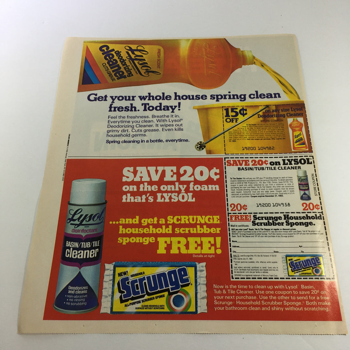 VTG Retro 1983 Anacin Analgesic Tablet and Aim Toothpaste Print Ad featuring Lysol cleaner promotion with details on saving with coupons and a free Scrunge sponge offer.