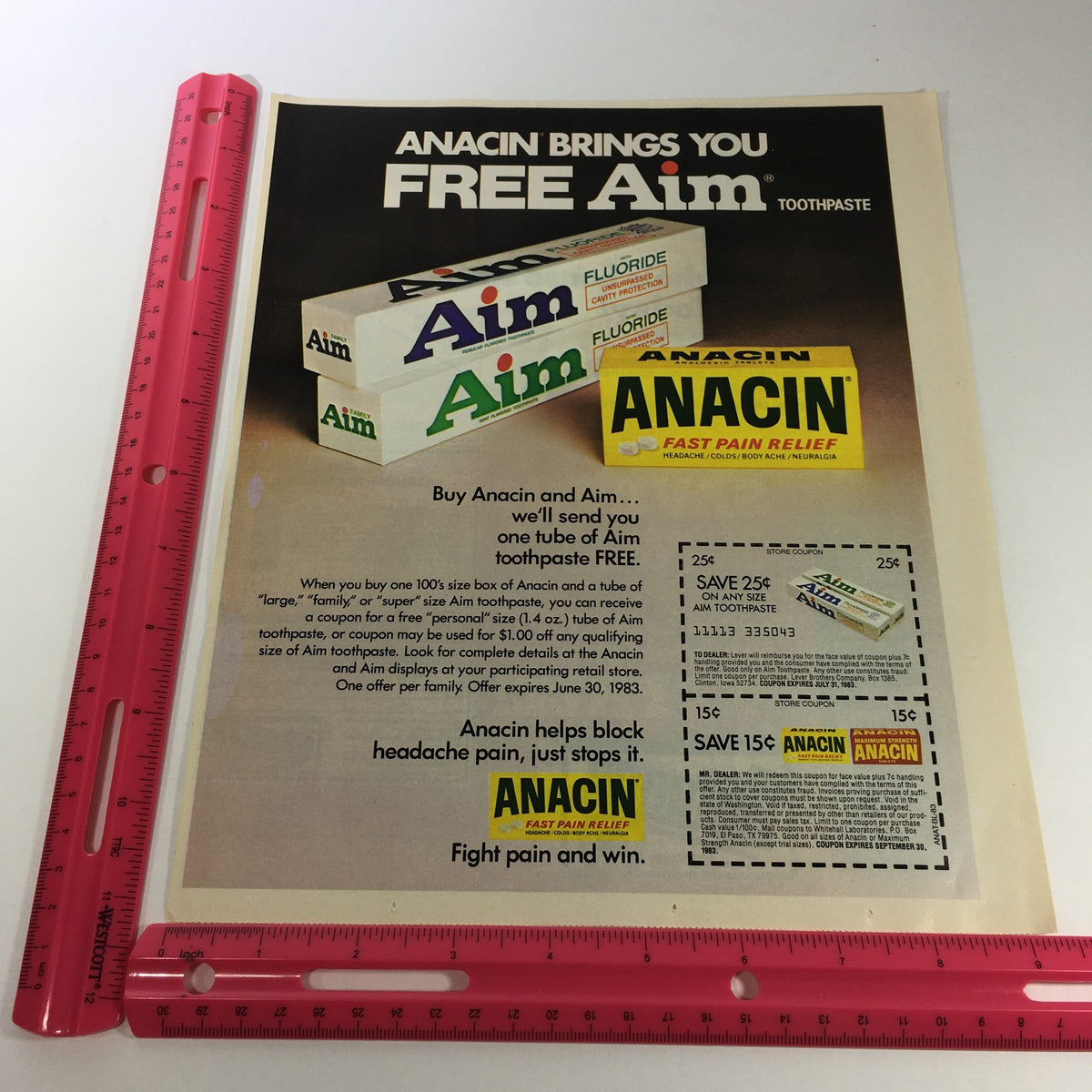 VTG Retro 1983 Anacin Analgesic Tablet & Aim Toothpaste Print Ad showcasing a promotional offer for free Aim toothpaste with the purchase of Anacin. Includes details about the coupon and advertisement condition.