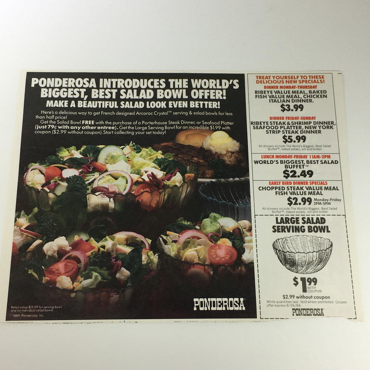 Ponderosa print advertisement displaying a large salad bowl offer, including pricing and meal options, from 1984.