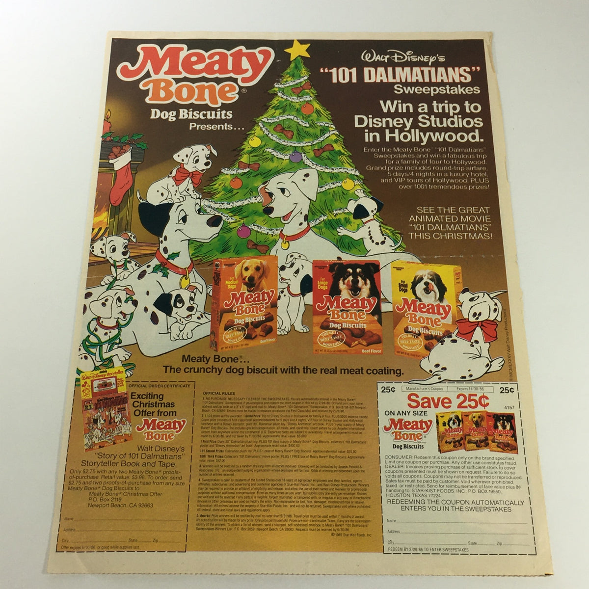 Vintage advertisement for Meaty Bone Dog Biscuits featuring characters from Disney's 101 Dalmatians, showcasing the 1986 sweepstakes and product offerings.