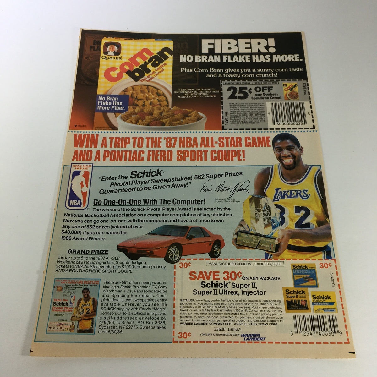 Vintage 1986 Magic Johnson LA Lakers Schick Super II Shaver print advertisement featuring a coupon for savings and a chance to win NBA All-Star Game tickets and a Pontiac Fiero. Quality condition with promotional details about the Schick razor and Quaker Corn Bran Flakes.