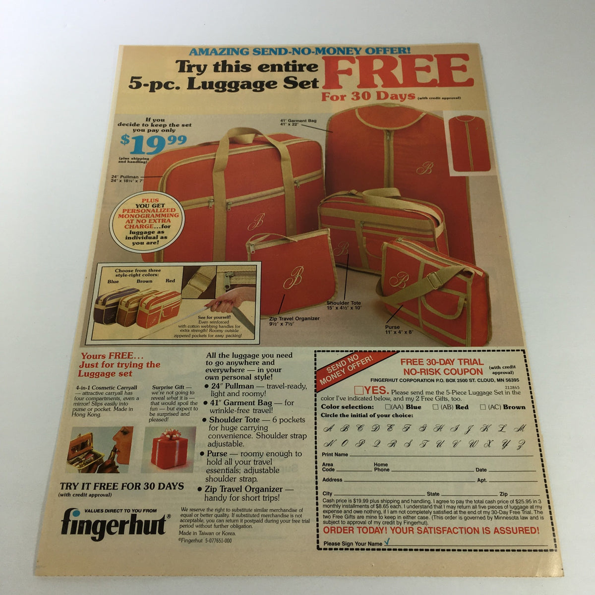 Vintage 1986 Magic Johnson LA Lakers Schick Super II Shaver print ad showcasing a special offer for a free 5-piece luggage set from Fingerhut. The ad details promotional content while highlighting an advertisement from the era.