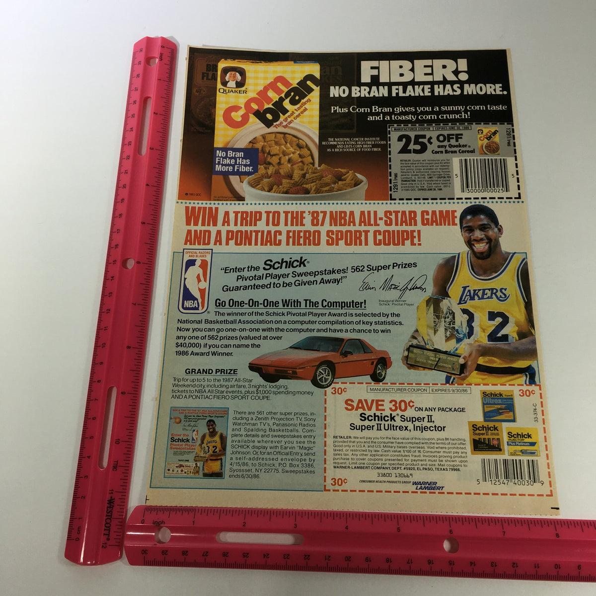 Vintage 1986 Magic Johnson LA Lakers Schick Super II Shaver advertisement presenting a coupon with a chance to win a trip to the NBA All-Star Game and a car, paired with Quaker Corn Bran Flakes. Image includes visual elements and promotional details.