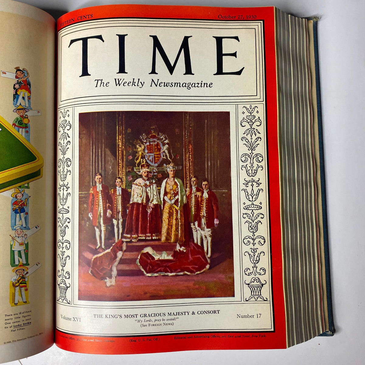 Time Magazine cover featuring The King's Most Gracious Majesty & Consort, released on October 27, 1930, emphasizing royal themes of the period.
