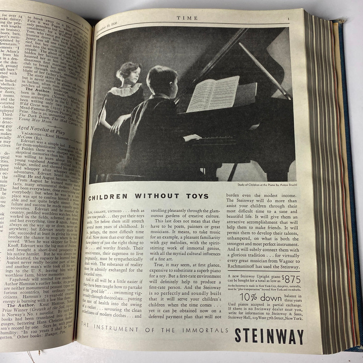 Time Magazine Bound Weekly July 7, 1930 - December 29, 1930 showcasing a black and white photograph titled 'Children Without Toys'. This article discusses the significance of creativity in childhood during difficult times, exemplifying early 20th-century social issues.
