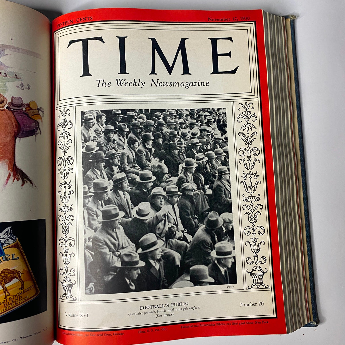Time Magazine Bound Weekly July 7, 1930 - December 29, 1930 presenting 'Football's Public' cover from November 17, 1930. The image depicts a crowd of football fans, highlighting sports culture and community engagement during the Great Depression era.