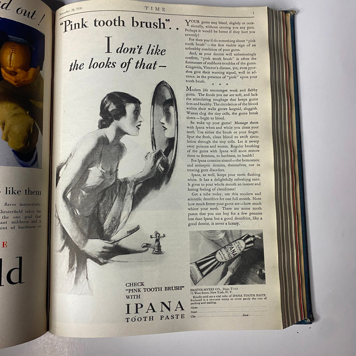 Time Magazine Bound Weekly July 7, 1930 - December 29, 1930 featuring an advertisement for Ipana Toothpaste alongside the article titled 'Pink Tooth Brush' from November 24, 1930. This vintage ad emphasizes dental health and personal care trends of the time.