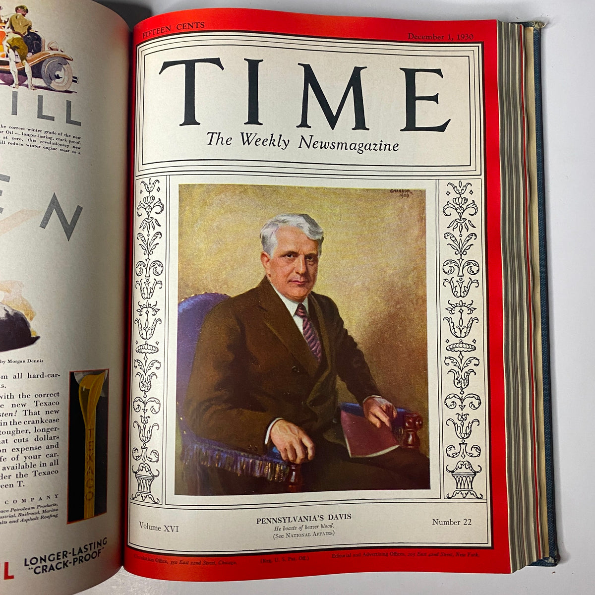 Time Magazine Bound Weekly July 7, 1930 - December 29, 1930 depicting Pennsylvania's Davis on the cover from December 1, 1930. This portrait highlights notable figures in government and their role during the Great Depression.