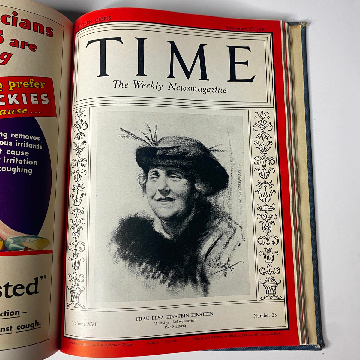 Cover of Time Magazine dated December 22, 1930, featuring Frau Elsa Einstein, illustrating significant milestones in history within the Time Magazine Bound Weekly from July to December 1930.