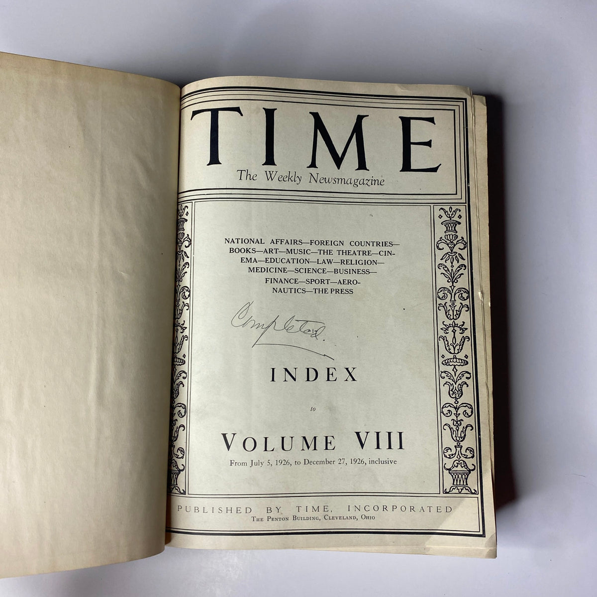 Inside title page of Time Magazine, indicating 'Index to Volume VIII' from July 5, 1926 to December 27, 1926, part of 'Time Magazine Bound Weekly 1926 July - December'.