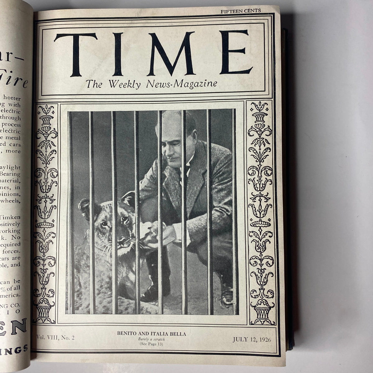 Time Magazine cover showcasing Benito and Italia Bella, July 12, 1926, from Time Magazine Bound Weekly July - December 1926.