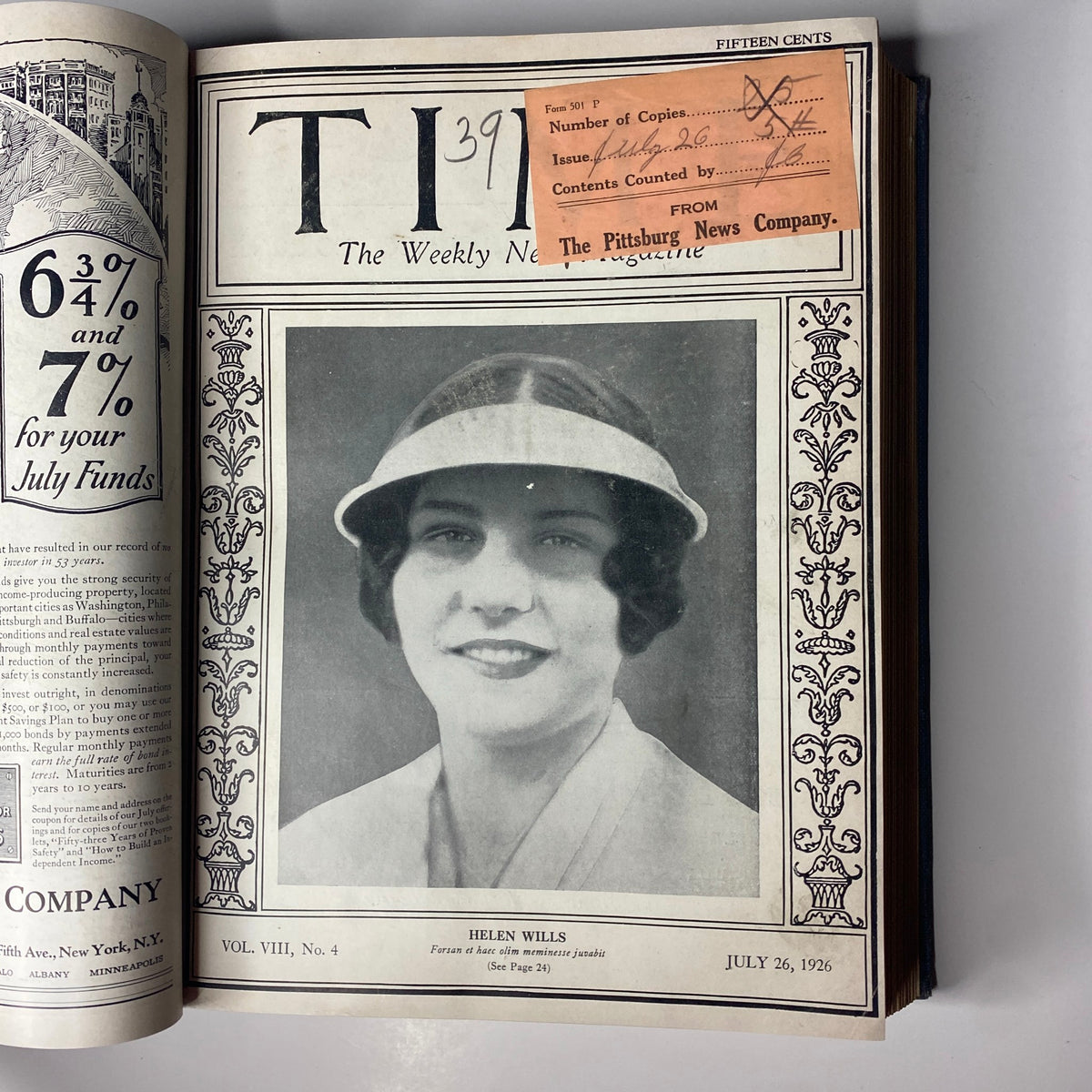 Time Magazine cover featuring Helen Wills, July 26, 1926, from Time Magazine Bound Weekly July - December 1926.