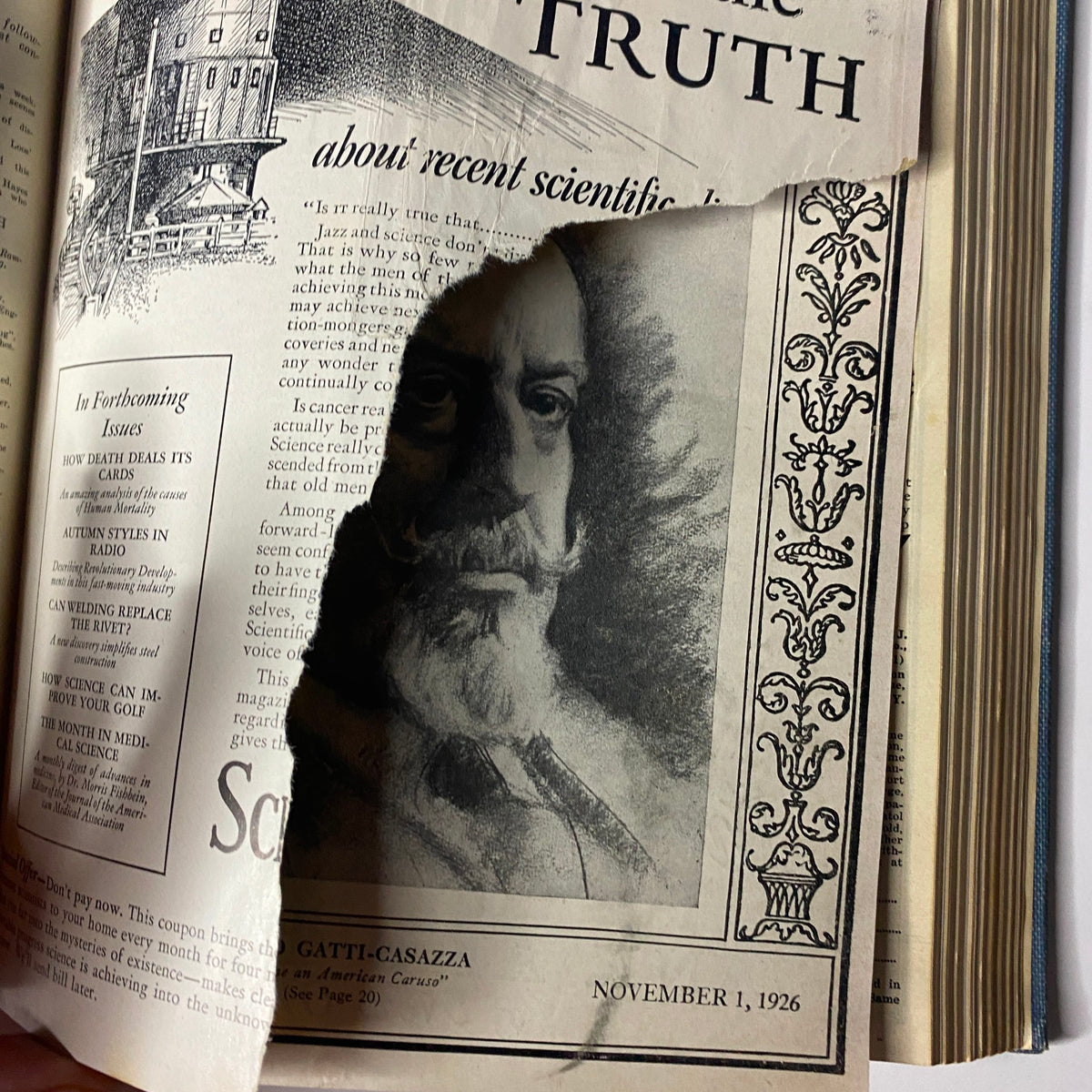 Page of Time Magazine dated November 1, 1926, showing an article with a damaged section featuring a portrait of Giulio Gatti-Casazza, from the Time Magazine Bound Weekly collection July to December 1926.