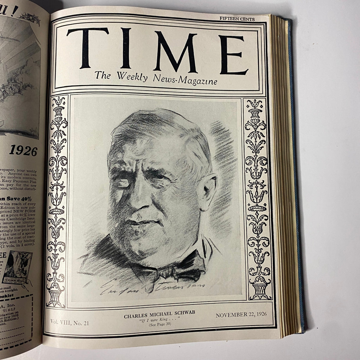 Time Magazine Bound Weekly July to December 1926 showcasing Charles Michael Schwab on the cover, dated November 22, 1926.