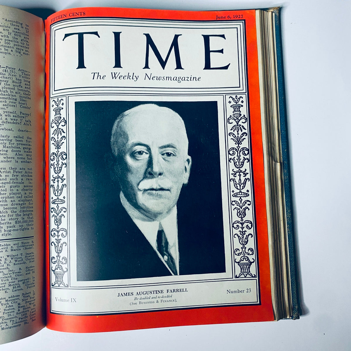Cover of Time Magazine dated June 6, 1927, featuring James Augustine Farrell, part of the historical collection 'Time Magazine Bound Weekly 1927 January - June TURKEY Mustafa Kemal Pasha'.