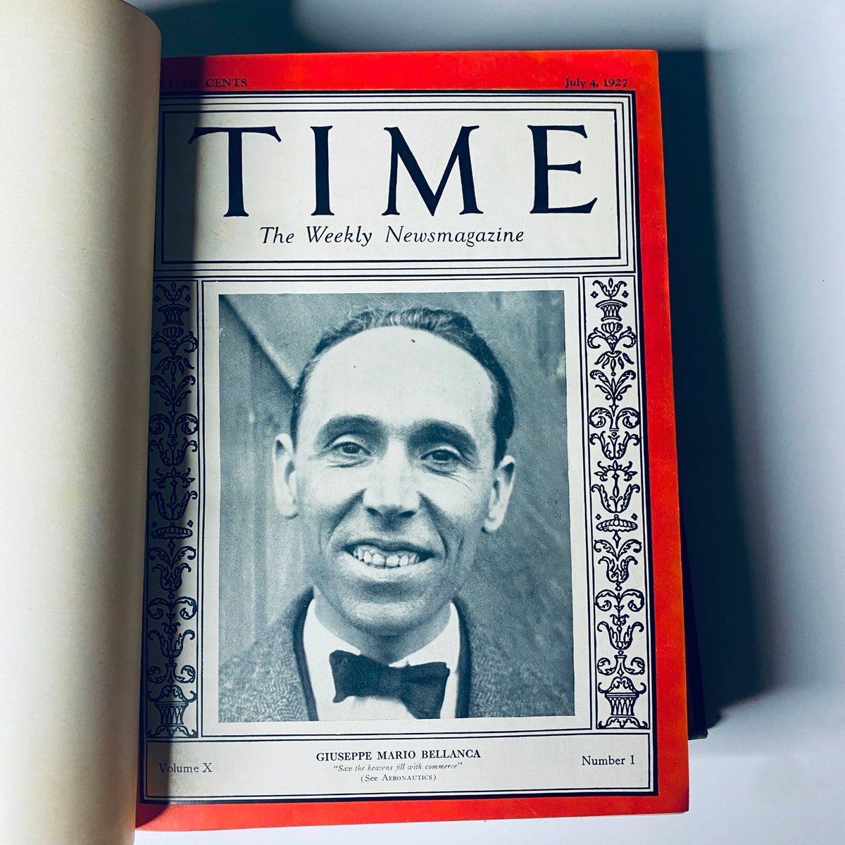 Cover page of the first issue in Time Magazine Bound Weekly 1927 featuring Giuseppe Mario Bellanca, dated July 4, 1927.
