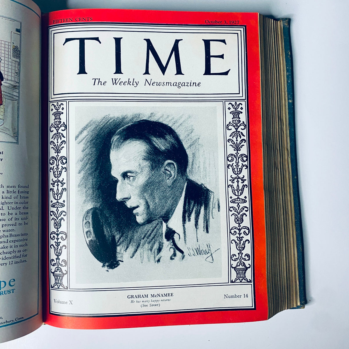 Time Magazine cover from October 3, 1927 showcasing Graham McNamee. Features a sketch of McNamee speaking into a microphone. Time Magazine Bound Weekly 1927 July - December Bishop Brent, Coach Rockne.