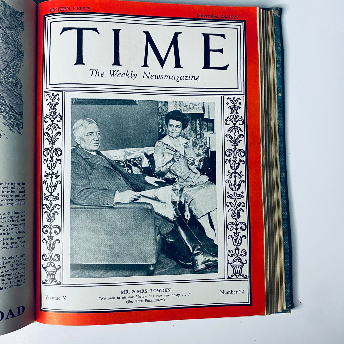 Cover of Time Magazine, November 28, 1927, showing Mr. & Mrs. Lowden, part of the Time Magazine Bound Weekly July to December 1927 collection.