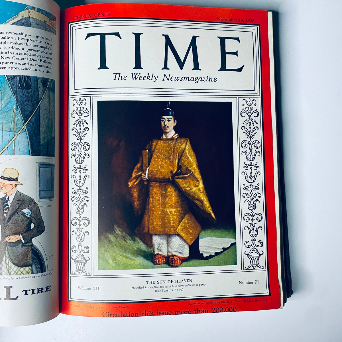 Cover of Time Magazine Bound Weekly July 2, 1928 - December 31, 1928 featuring 'The Son of Heaven', Emperor Hirohito, alongside advertisements and additional content typical of the late 1920s.