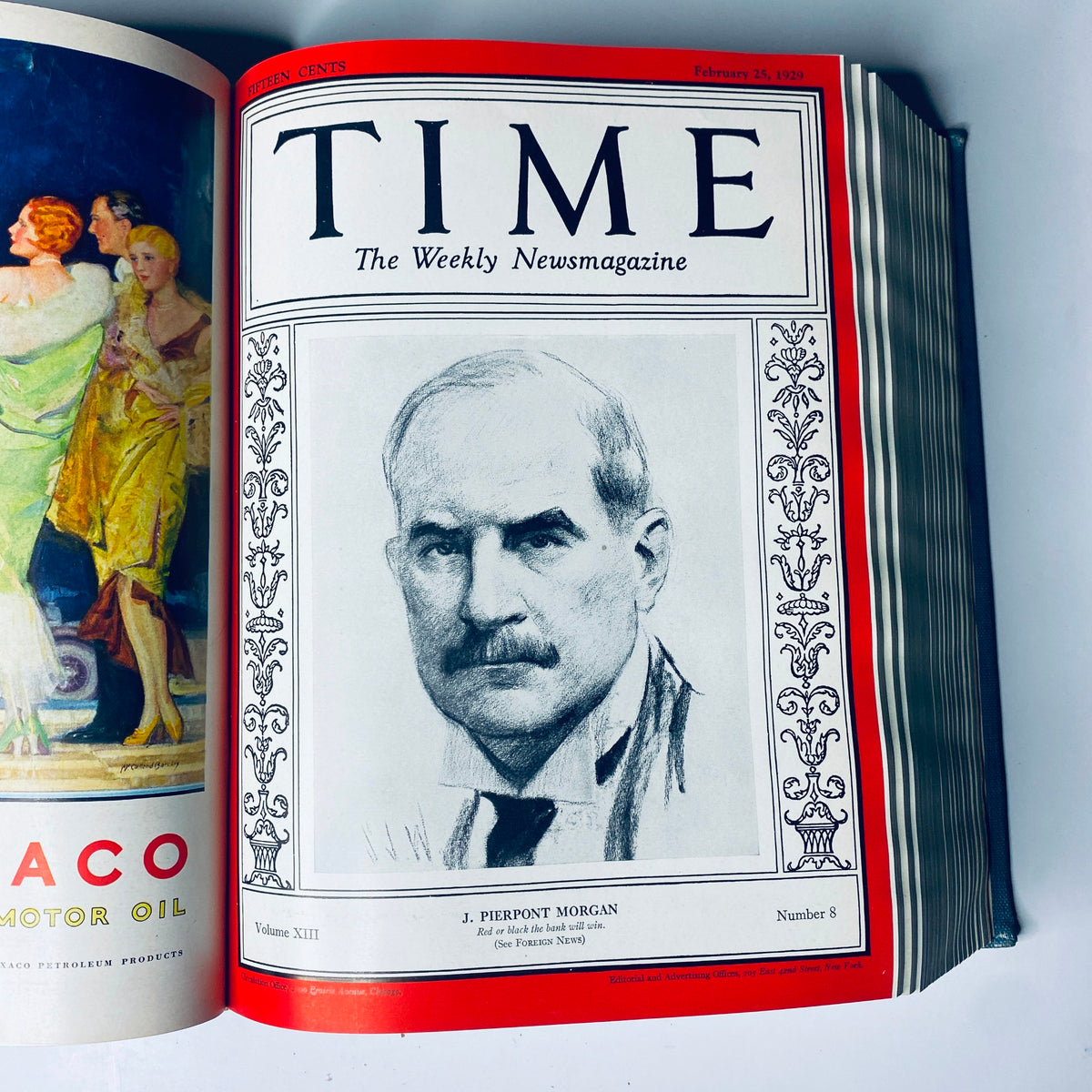 Time Magazine Bound Weekly January 7, 1929 - June 24, 1929 highlighting J. Pierpont Morgan's illustration, Volume XIII, Number 8.