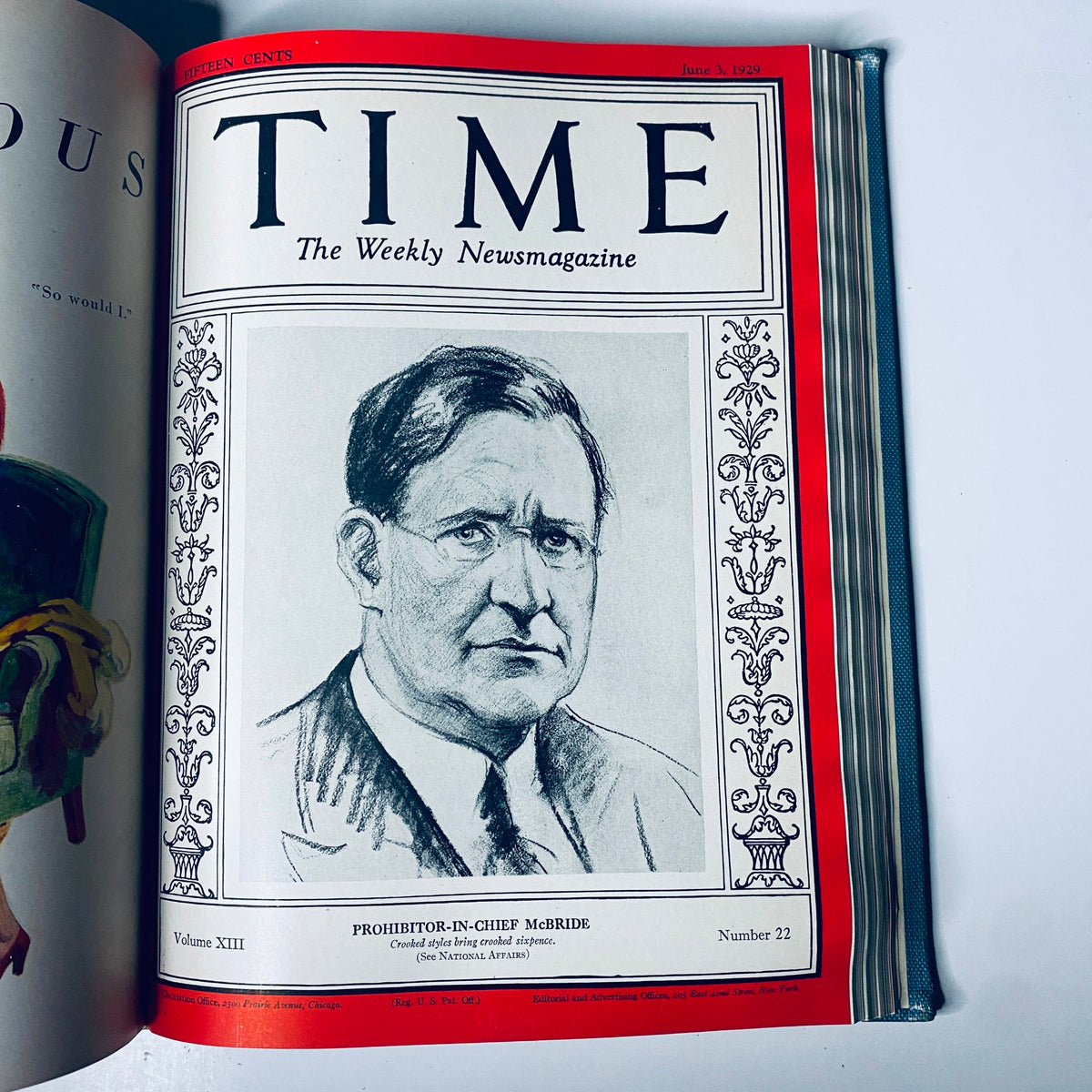 Time Magazine cover from June 3, 1929, featuring Prohibitor-in-Chief McBride, with the title 'Time Magazine Bound Weekly January 7, 1929 - June 24, 1929 Einstein Morgan.'