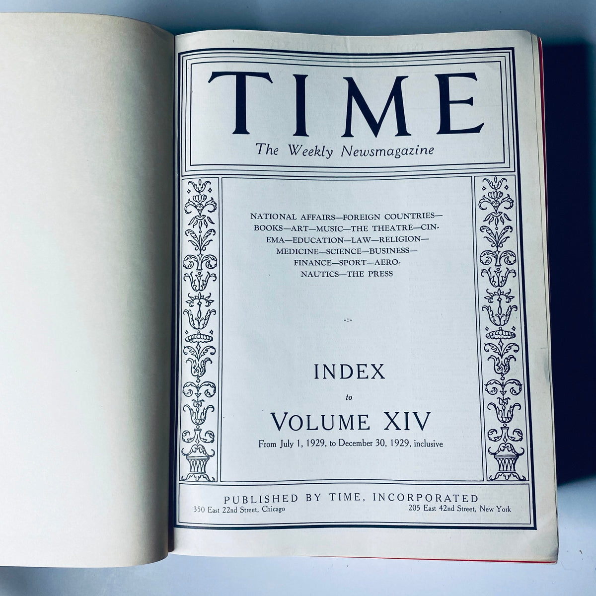 Interior page of the Time Magazine Bound Weekly July 1, 1929 - December 30, 1929, displaying the index for Volume XIV, highlighting key sections from the publication.