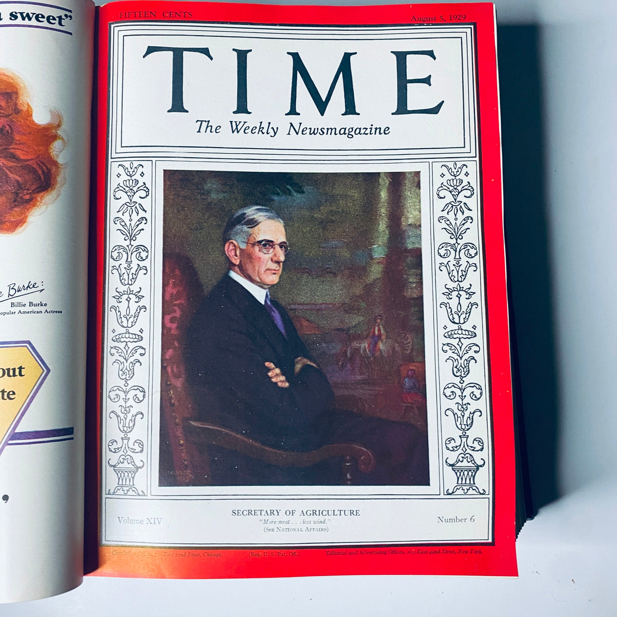 Cover of Time Magazine dated August 5, 1929, featuring a portrait of the Secretary of Agriculture, showcasing the magazine's historical importance in chronicling events during the late 1920s.
