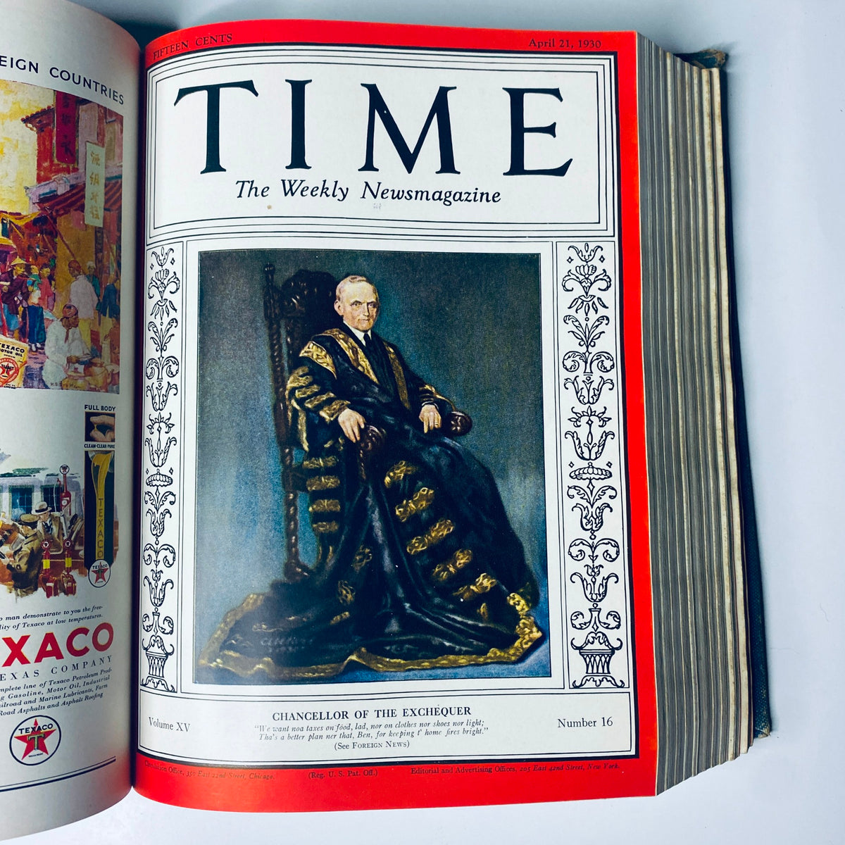Cover of Time Magazine dated April 21, 1930, displaying the Chancellor of the Exchequer in ornate ceremonial robes, reflecting the political context of the time.