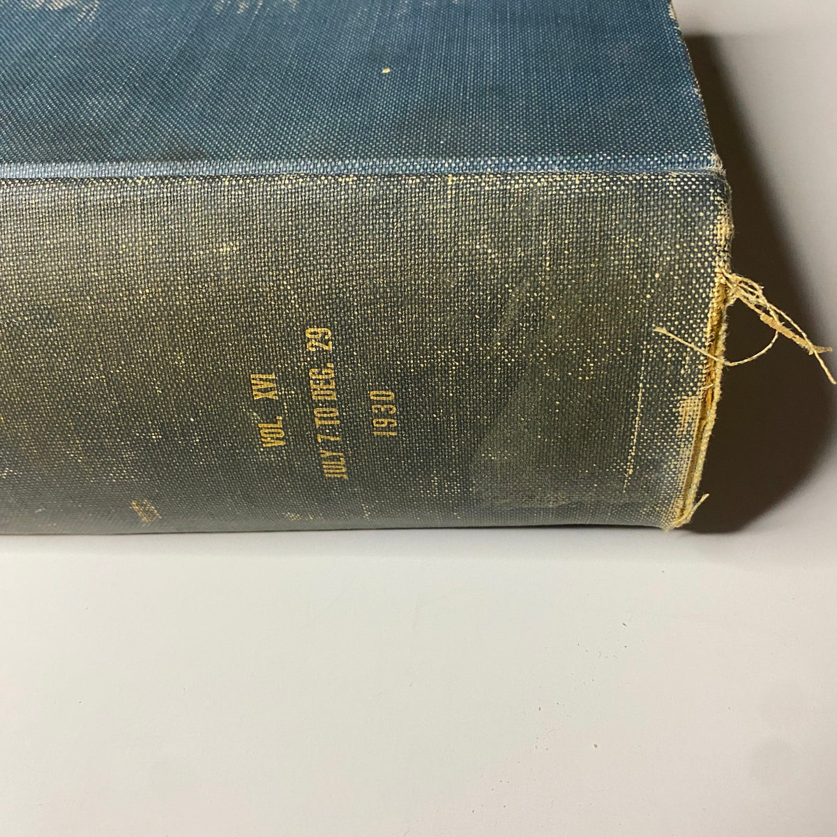 Detailed view of the spine of Time Magazine Bound Weekly July 7, 1930 - December 29, 1930 indicating the volume number and date.