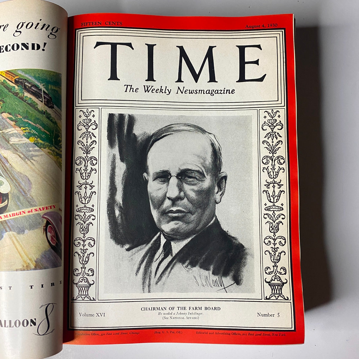 Cover of Time Magazine Bound Weekly, August 4, 1930, featuring an illustration of the Chairman of the Farm Board. Reflects significant themes of the early 1930s.