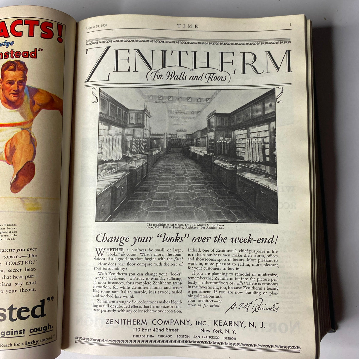 Time Magazine advertisement for Zenitherm featuring a detailed interior with furniture and decor. Time Magazine Bound Weekly July 7, 1930 - December 29, 1930.