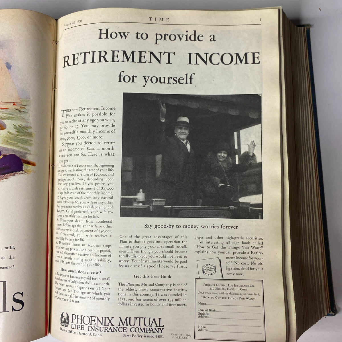 Time Magazine article highlighting retirement income options, illustrated with a gentleman and a lady waving goodbye. Time Magazine Bound Weekly July 7, 1930 - December 29, 1930.