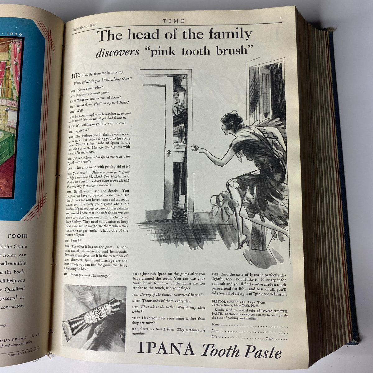 Time Magazine article featuring a conversation about dental care and Ipana Toothpaste, illustrated in a humorous style. Time Magazine Bound Weekly July 7, 1930 - December 29, 1930.