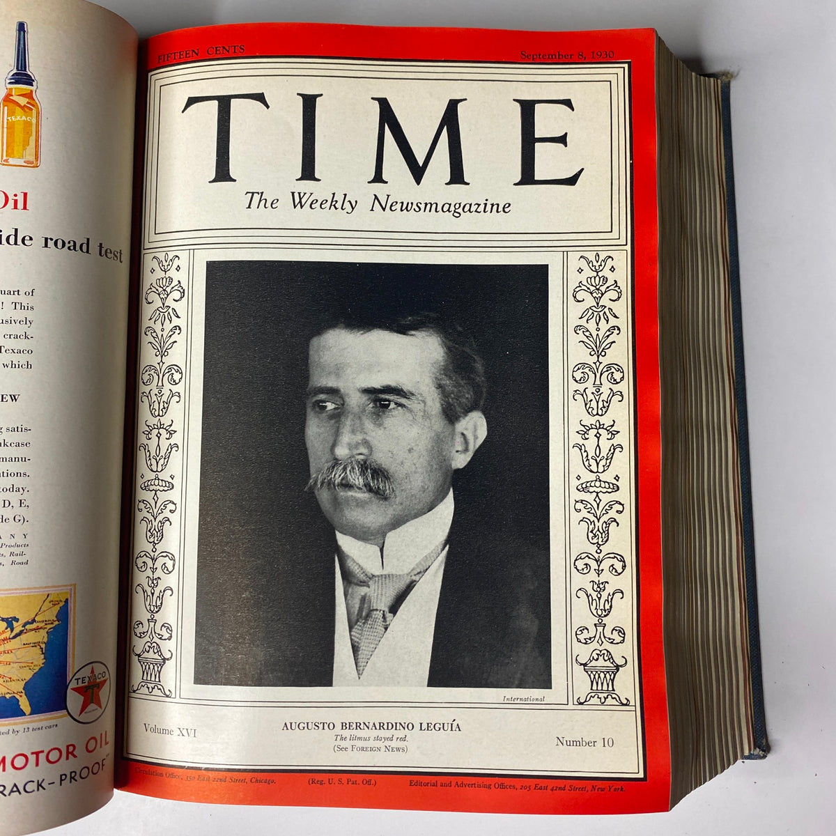 Time Magazine cover featuring Augusto Bernardino Leguía, the Peruvian President, with a formal portrait. Time Magazine Bound Weekly July 7, 1930 - December 29, 1930.