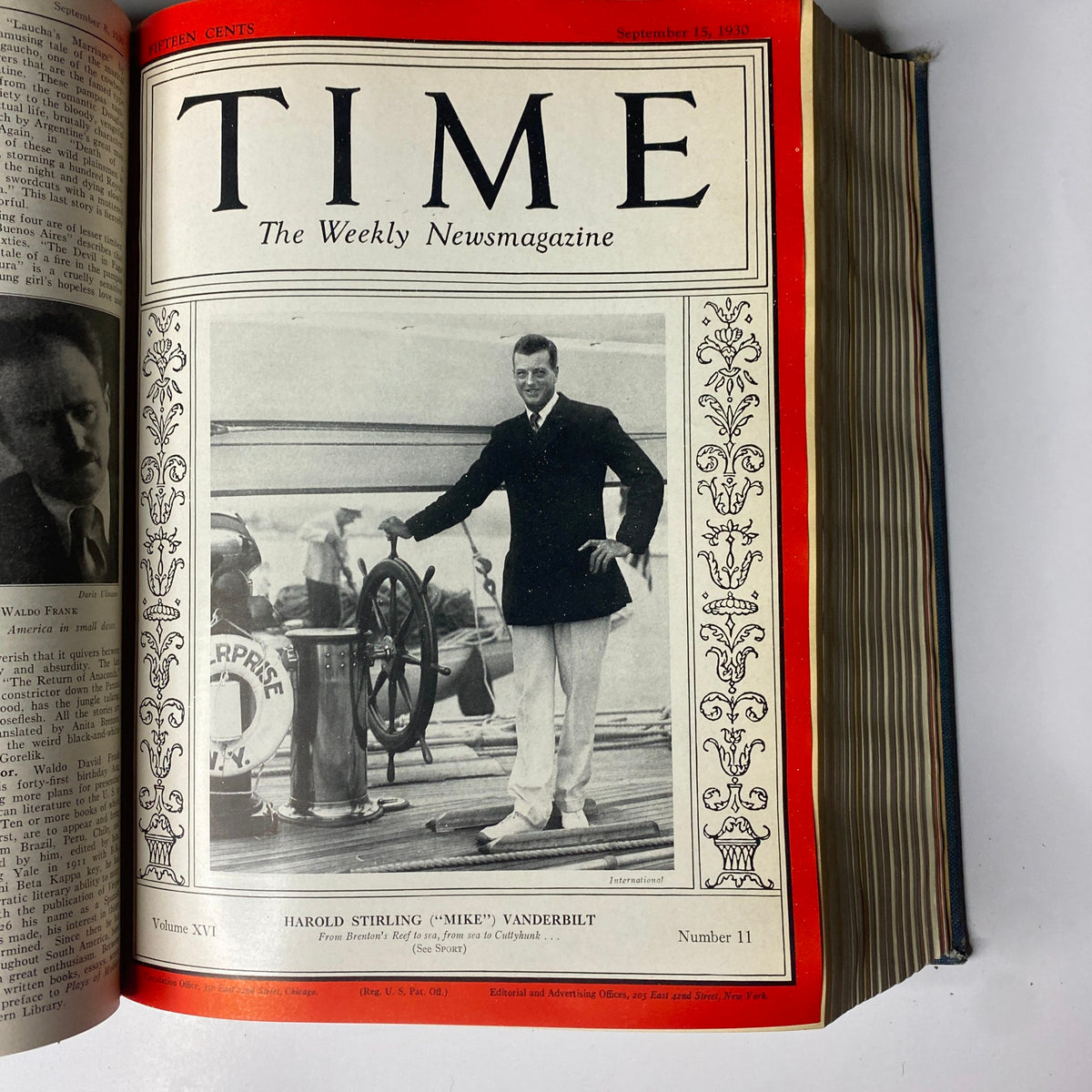 Time Magazine cover showcasing Harold Stirling Vanderbilt on a yacht, presenting him in a sophisticated manner. Time Magazine Bound Weekly July 7, 1930 - December 29, 1930.