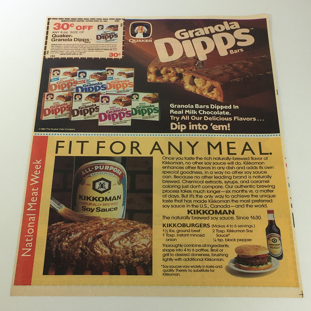 VTG Retro 1985 Quaker Granola Bar Dipps & Kikkoman Soy Sauce Print Ad featuring colorful packaging and promotional content for Granola Dipps along with Kikkoman Soy Sauce, highlighting a meat-focused campaign.