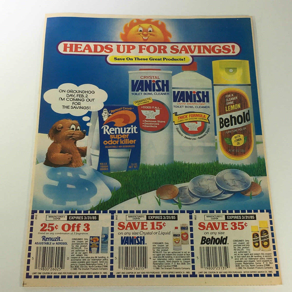 Back cover of a vintage advertisement featuring Renuzit products with a playful illustration and promotions, including discounts for various cleaning products, emphasizing budget savings.