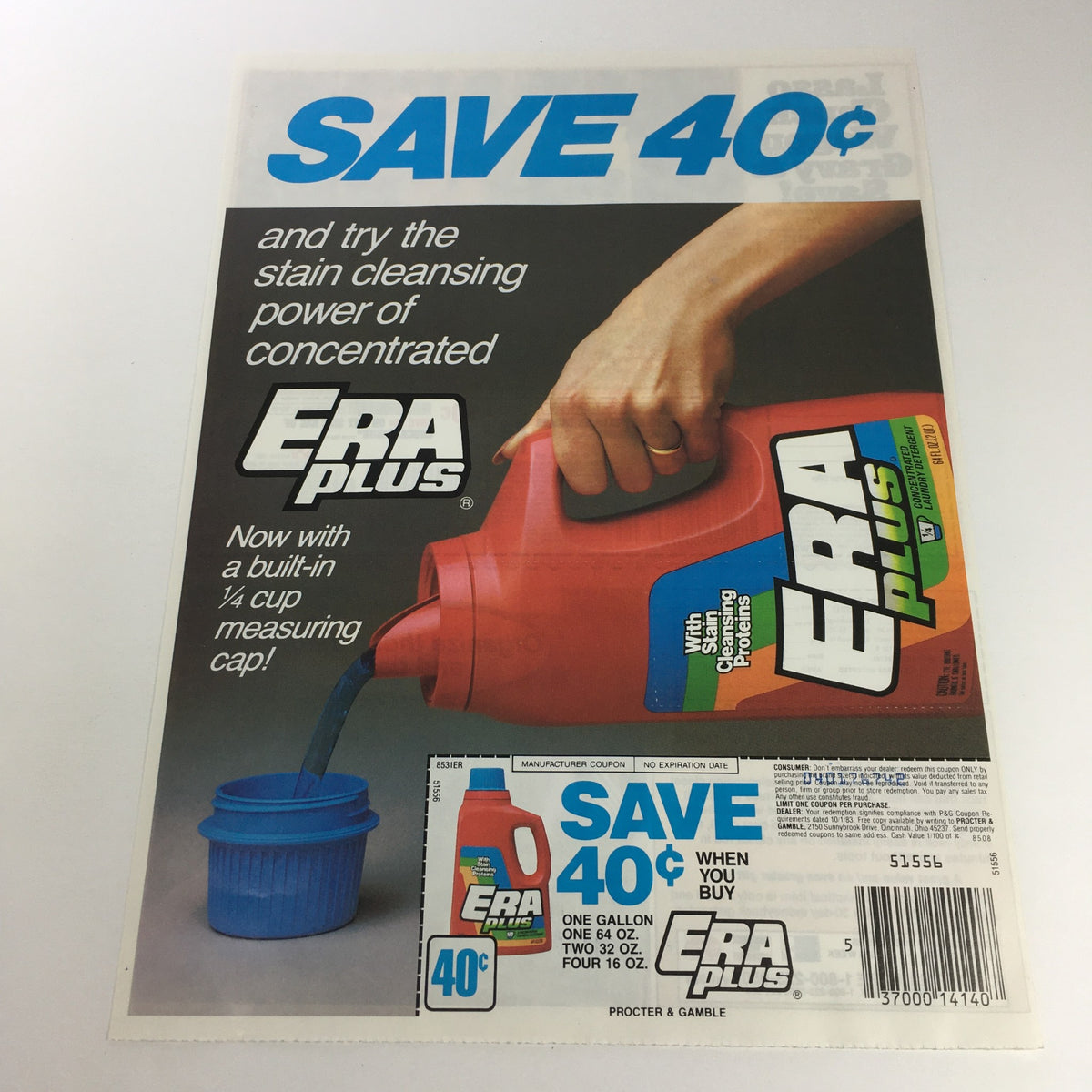 VTG Retro 1983 Procter & Gamble Era Plus Laundry Detergent Print Ad Coupon showcasing a hand holding a bottle pouring detergent into a blue measuring cup with a promo to save 40 cents.