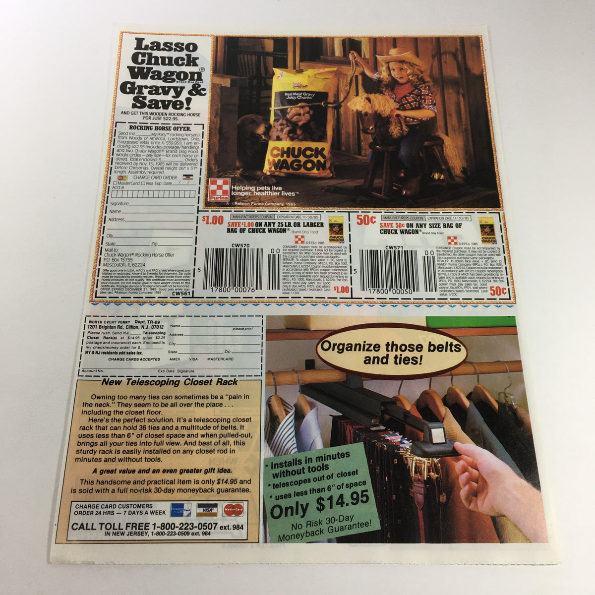 VTG Retro 1983 Procter & Gamble Era Plus Laundry Detergent Print Ad Coupon featuring the backside of an advertisement with a variety of coupons, including Chuck Wagon Gravy, highlighting vintage advertising techniques.