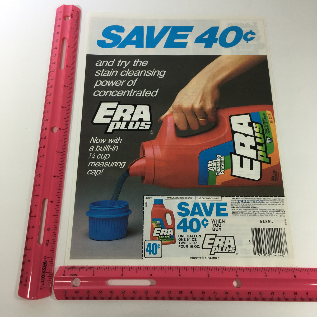 VTG Retro 1983 Procter & Gamble Era Plus Laundry Detergent Print Ad Coupon illustrating a close-up of the detergent ad with measurement tools for promotional savings, emphasizing vintage design and marketing.