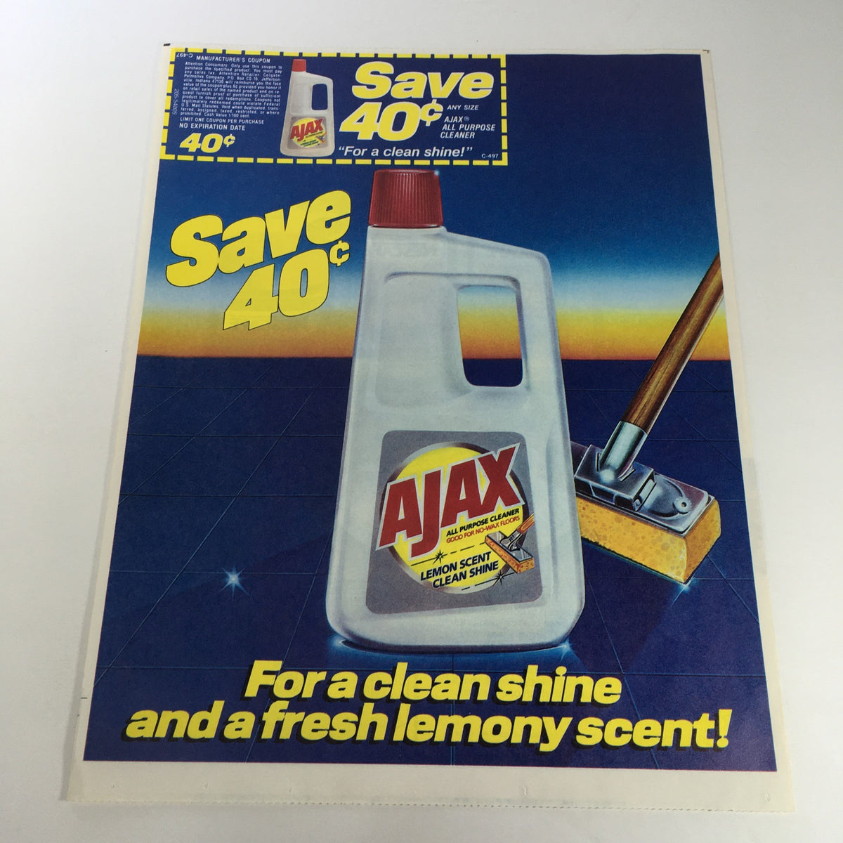 VTG Retro 1984 Ajax All Purpose Cleaner & Nescafe Coffee Print Ad Coupon featuring an advertisement for Ajax with a bottle and a cleaning tool. Highlights a 40 cent savings offer for the product, ideal for collectors.