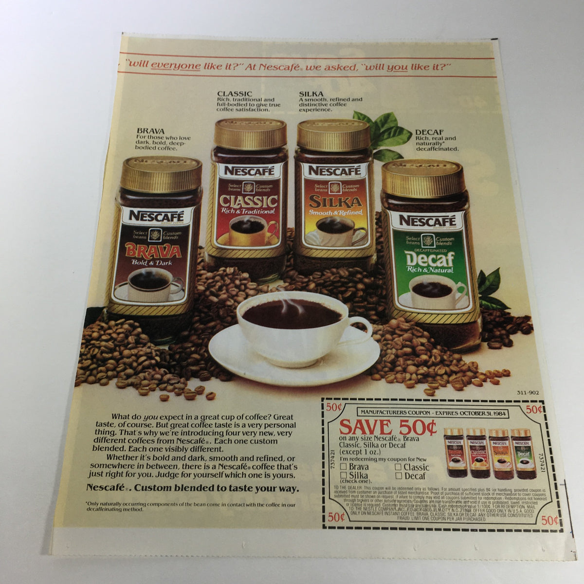 VTG Retro 1984 Ajax All Purpose Cleaner & Nescafe Coffee Print Ad Coupon showcasing Nescafe coffee products, including Brava, Classic, Silka, and Decaf, with a promotional 50 cent coupon offer. A historical advertising piece from 1984.