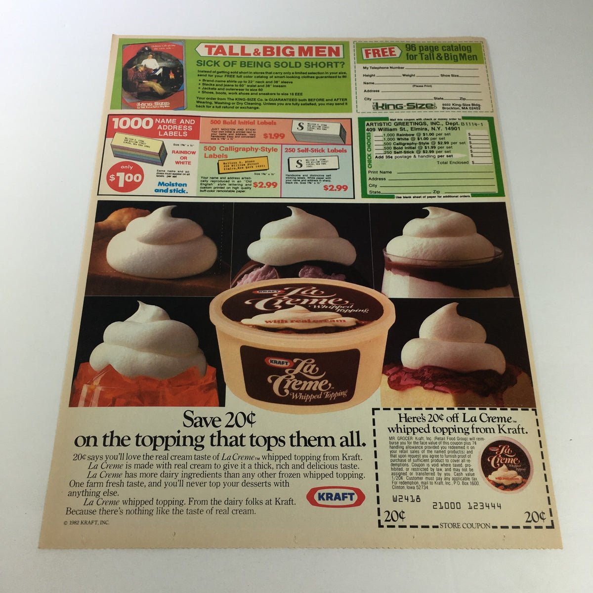 VTG Retro 1983 Kraft La Creme Whipped Cream print advertisement featuring a coupon saving 20% on Kraft's whipped cream product, showcasing a tub of La Creme with decorative whipped cream toppings and promotional text.