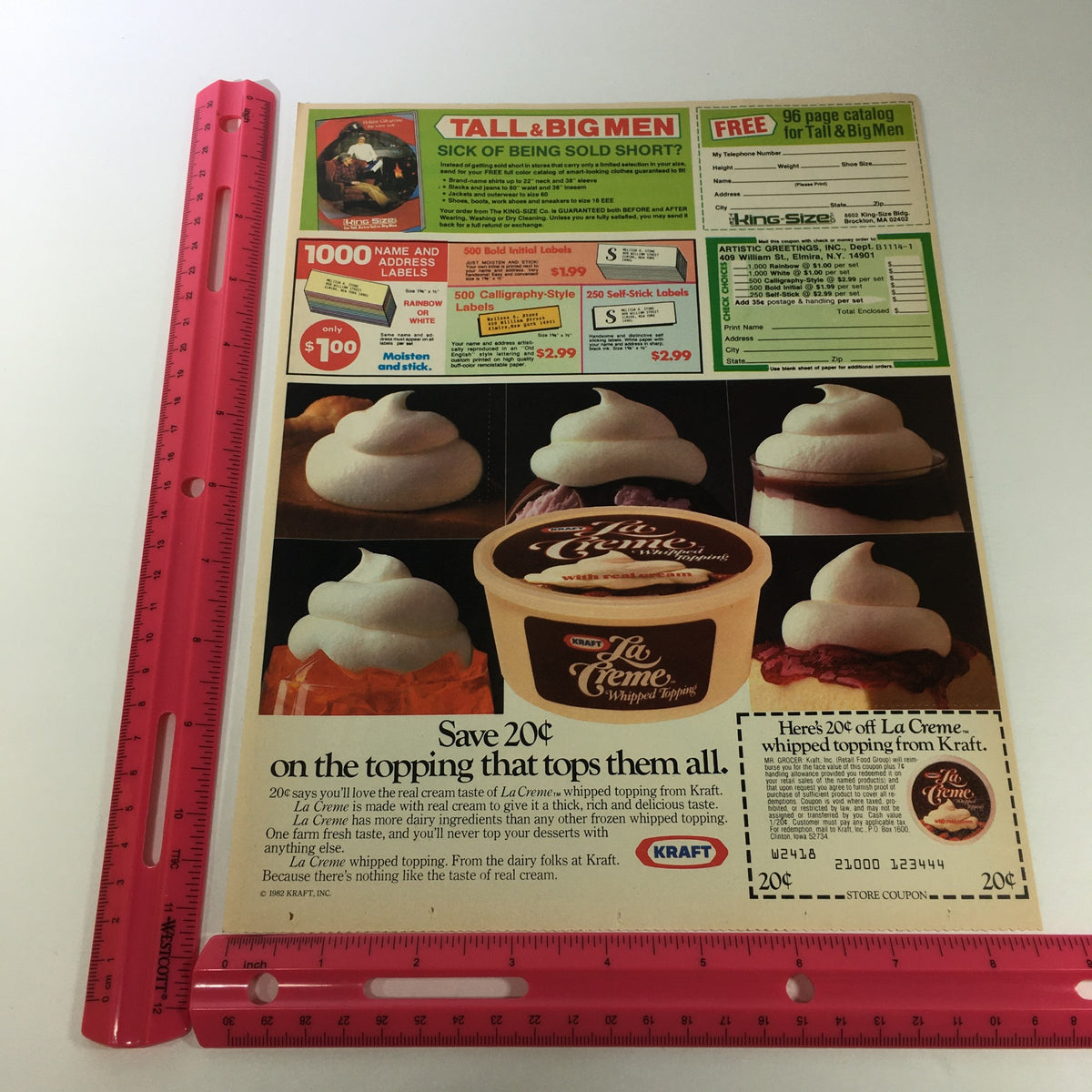 VTG Retro 1983 Kraft La Creme Whipped Cream print advertisement, featuring a coupon for 20 cents off on Kraft La Creme, showcasing a visually appealing dessert with whipped toppings. The ad is in excellent condition, measuring 11.4" x 8.10", ideal for vintage collectors.