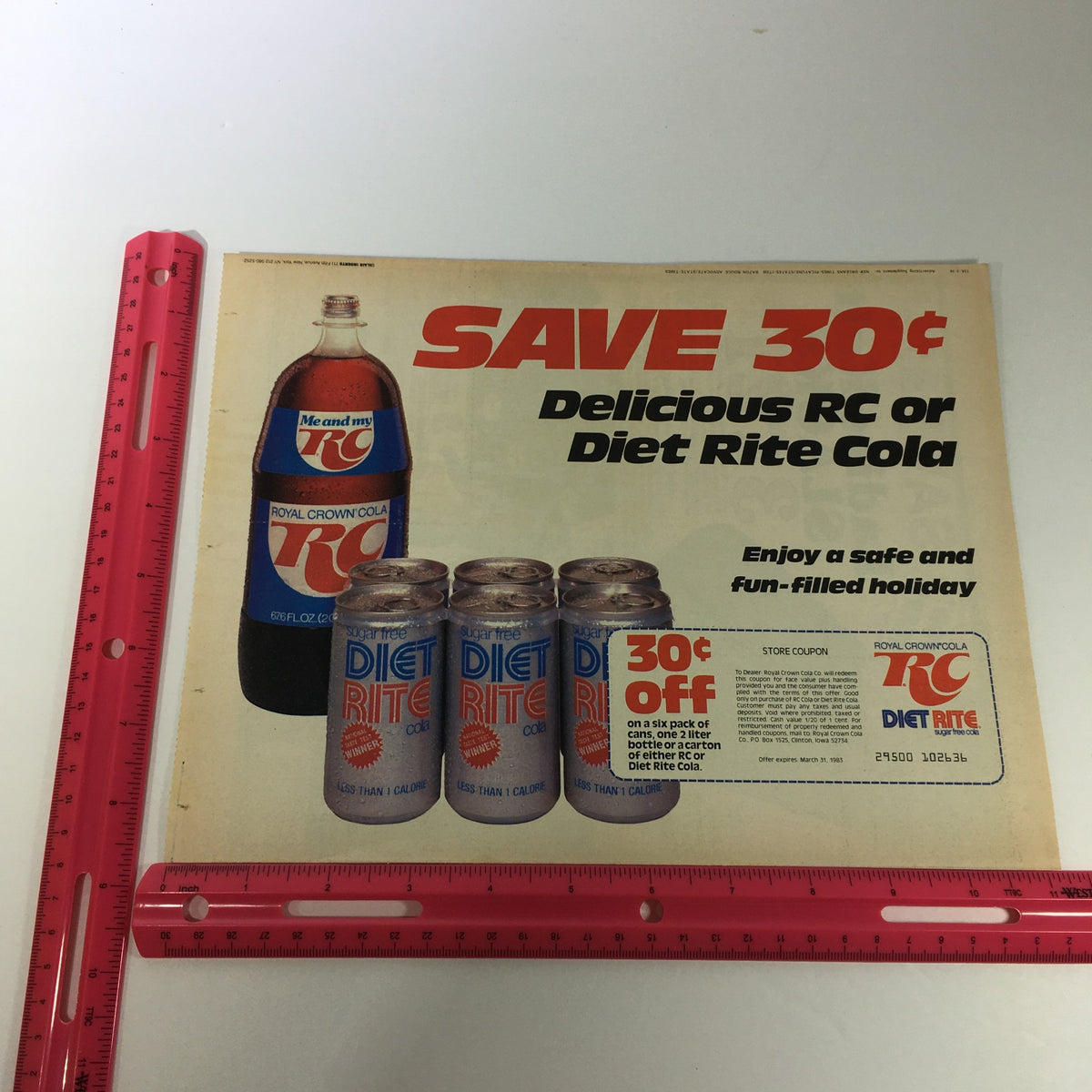 Close-up of vintage 1983 Royal Crown Cola RC Diet Rite Sugar Free Cola print advertisement displaying a coupon to save 30 cents. The image includes a ruler for size reference alongside Diet Rite Cola packaging.