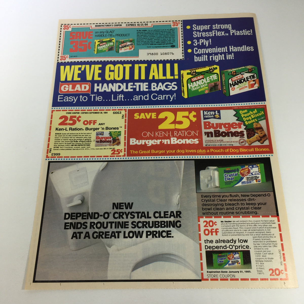 VTG Retro 1984 Maxwell House Master Blend Coffee Print Ad featuring a coupon for 25 cents off, with promotional offers including Glad Handle-Tie Bags and Burger-in-Bones, along with vivid advertisements.