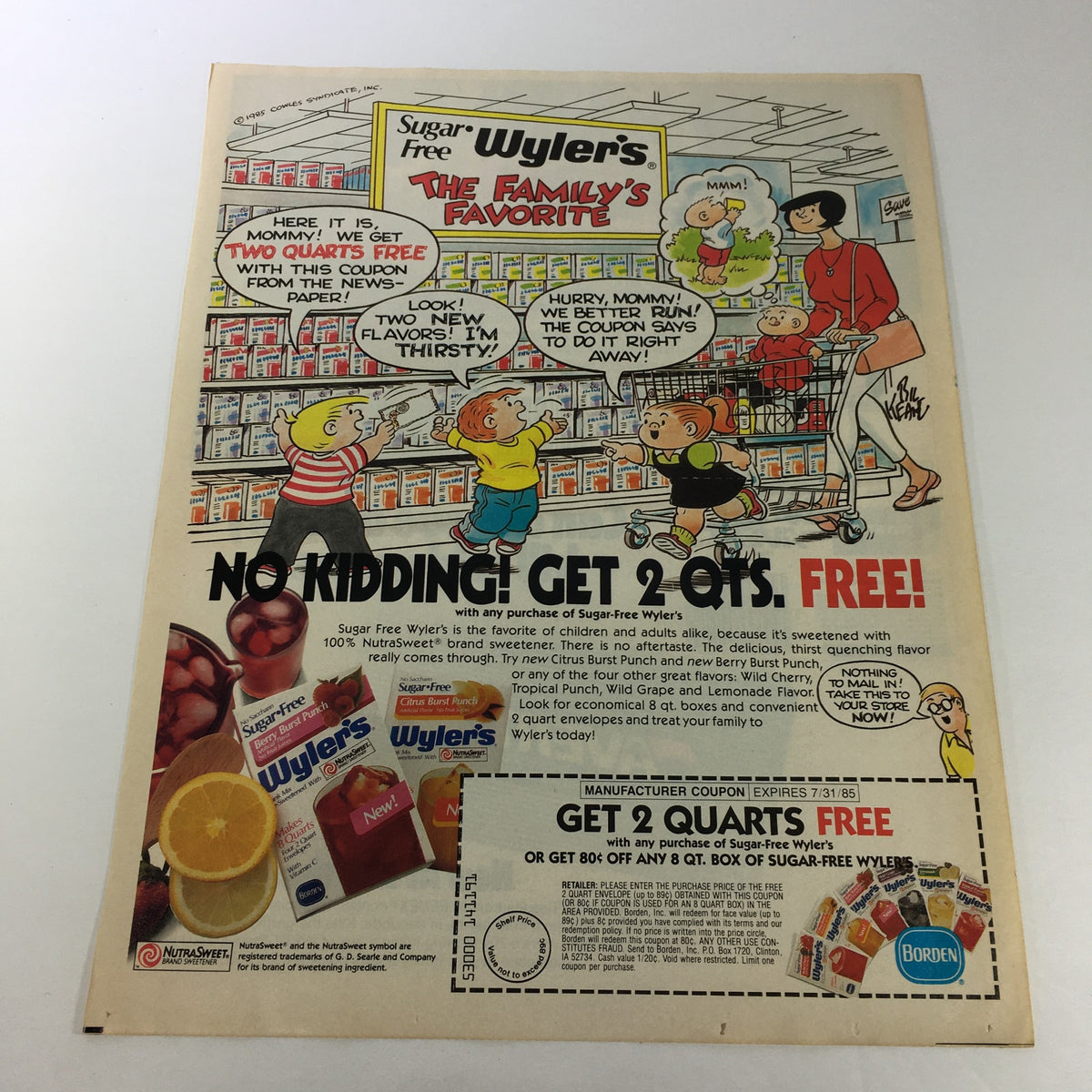Vintage magazine advertisement for Borden's Sugar-Free Wyler's Fruit Juices, featuring a Family Circus comic theme, promoting a 'Get 2 Quarts Free' coupon. This retro ad from 1985 showcases children in a grocery store with vibrant colors and playful illustrations.