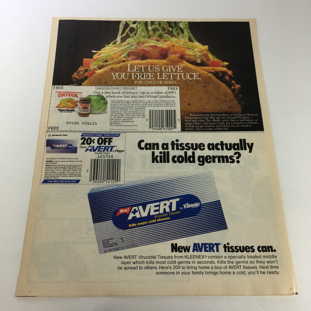 Back of a vintage magazine advertisement highlighting a promotion for free lettuce with the purchase of Ortega products and a coupon for 20 cents off Avert tissues by Kleenex. This page complements the nostalgic feel of the 1985 Borden's Sugar-Free Wyler's Fruit Juices ad.